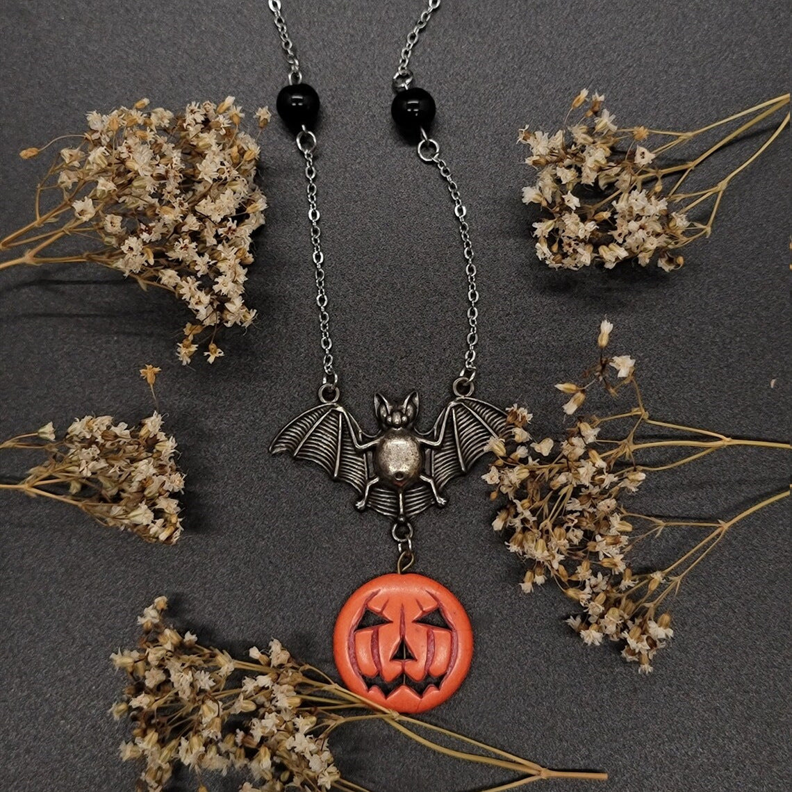 Fashionable And Exquisite Pumpkin Head Pendant Necklace Dark Bat