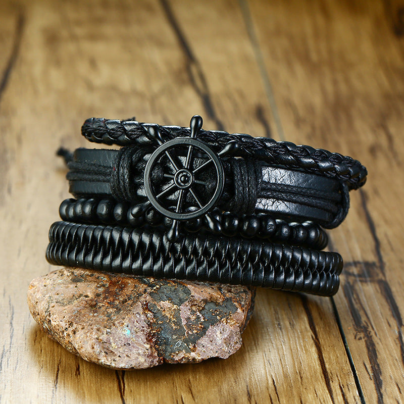 Rudder Wooden Bead Leather Woven Bracelet