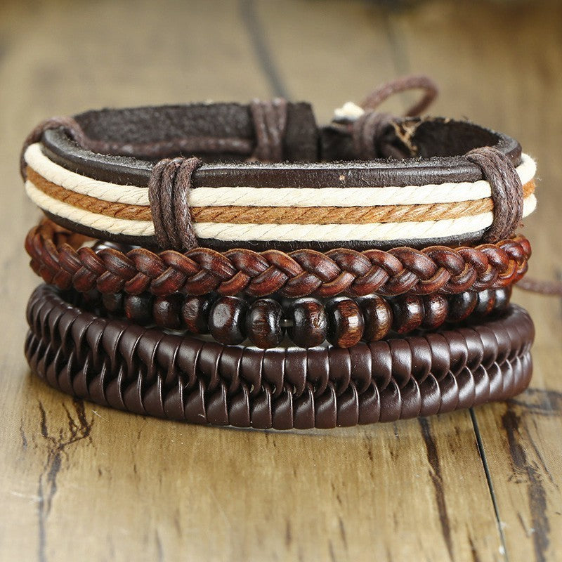 Rudder Wooden Bead Leather Woven Bracelet