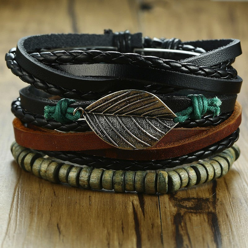 Rudder Wooden Bead Leather Woven Bracelet