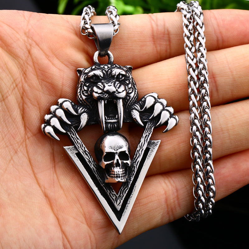 Stainless Steel Tooth Tiger Skull Pendant Men'S Retro Titanium Steel Pendant