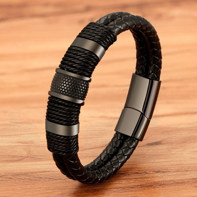 Stainless Steel Cowhide Rope Double Braided Bracelet Men's Metal