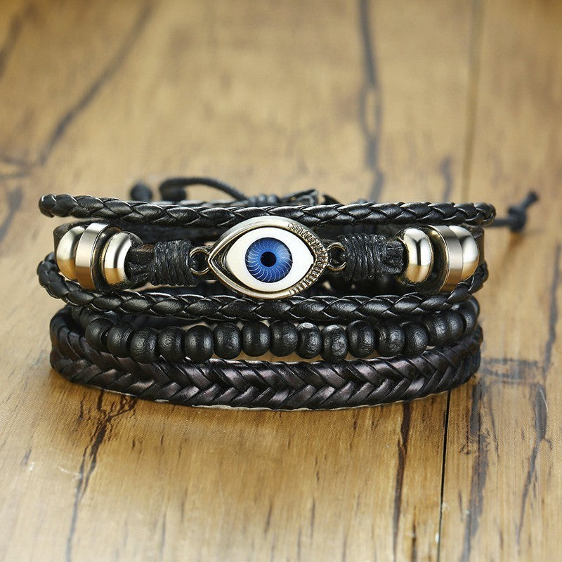 Rudder Wooden Bead Leather Woven Bracelet
