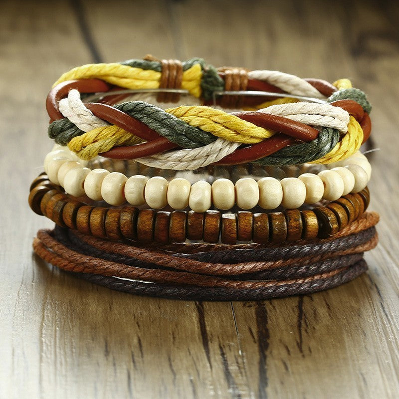 Rudder Wooden Bead Leather Woven Bracelet