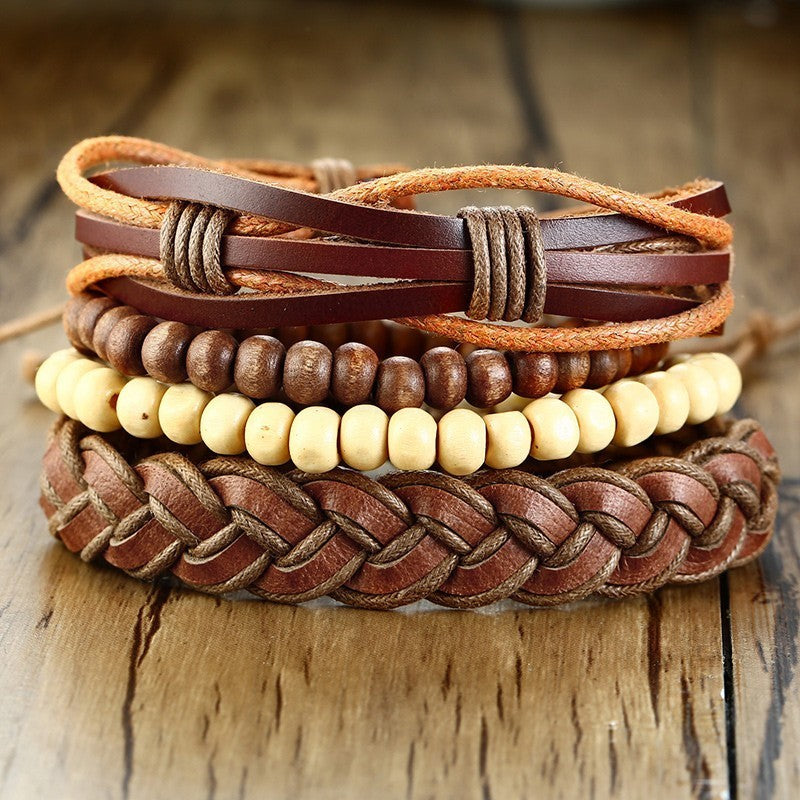 Rudder Wooden Bead Leather Woven Bracelet