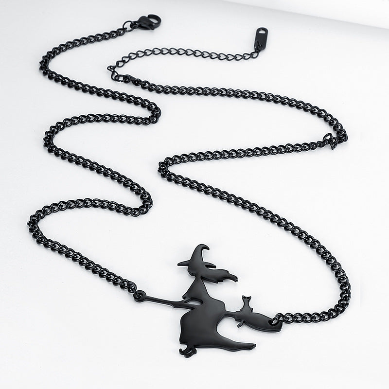 Halloween Witch Broom Black Cat Dark Goth Style Necklace
