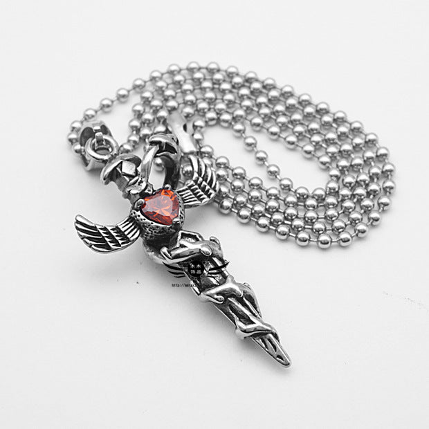 Retro Fashion European And American Style Diecast Snake Winding Wings Cross Titanium Steel Necklace Heart-shaped Diamond Pendant