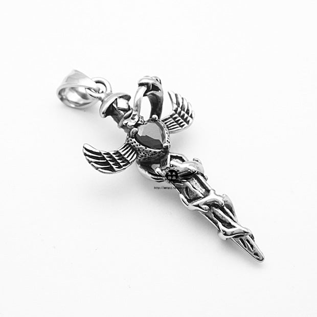 Retro Fashion European And American Style Diecast Snake Winding Wings Cross Titanium Steel Necklace Heart-shaped Diamond Pendant