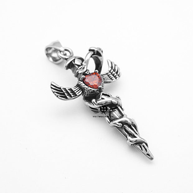 Retro Fashion European And American Style Diecast Snake Winding Wings Cross Titanium Steel Necklace Heart-shaped Diamond Pendant