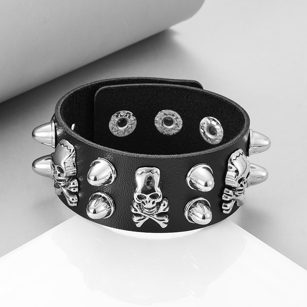 Round Rivet Gothic Bracelet Hip Hop Dark Skull Head Leather Bracelet