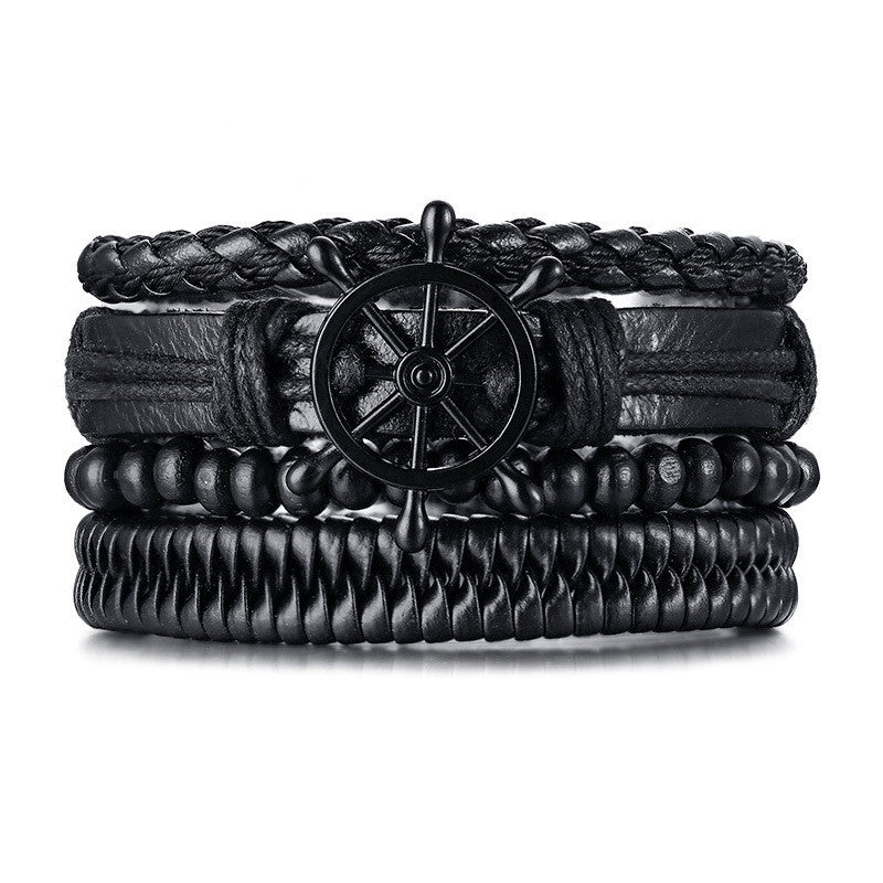 Rudder Wooden Bead Leather Woven Bracelet