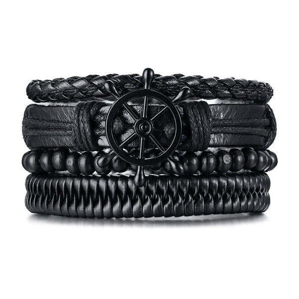 Rudder Wooden Bead Leather Woven Bracelet