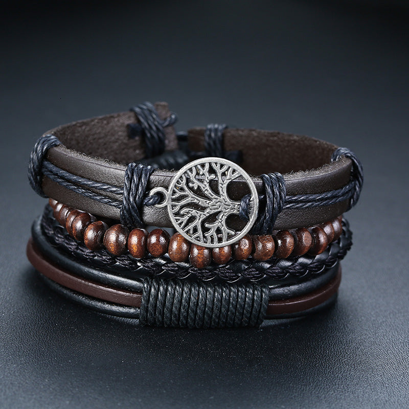 Rudder Wooden Bead Leather Woven Bracelet
