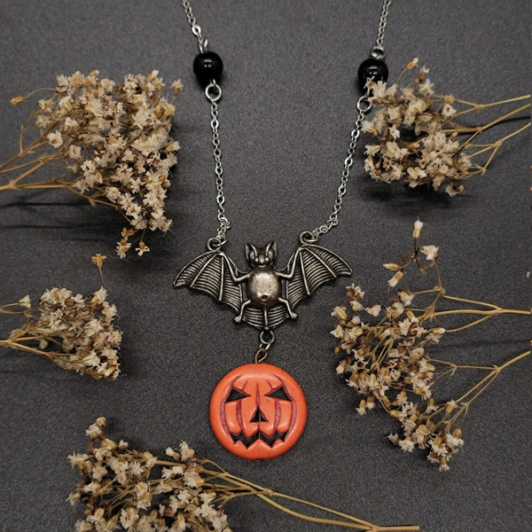 Fashionable And Exquisite Pumpkin Head Pendant Necklace Dark Bat