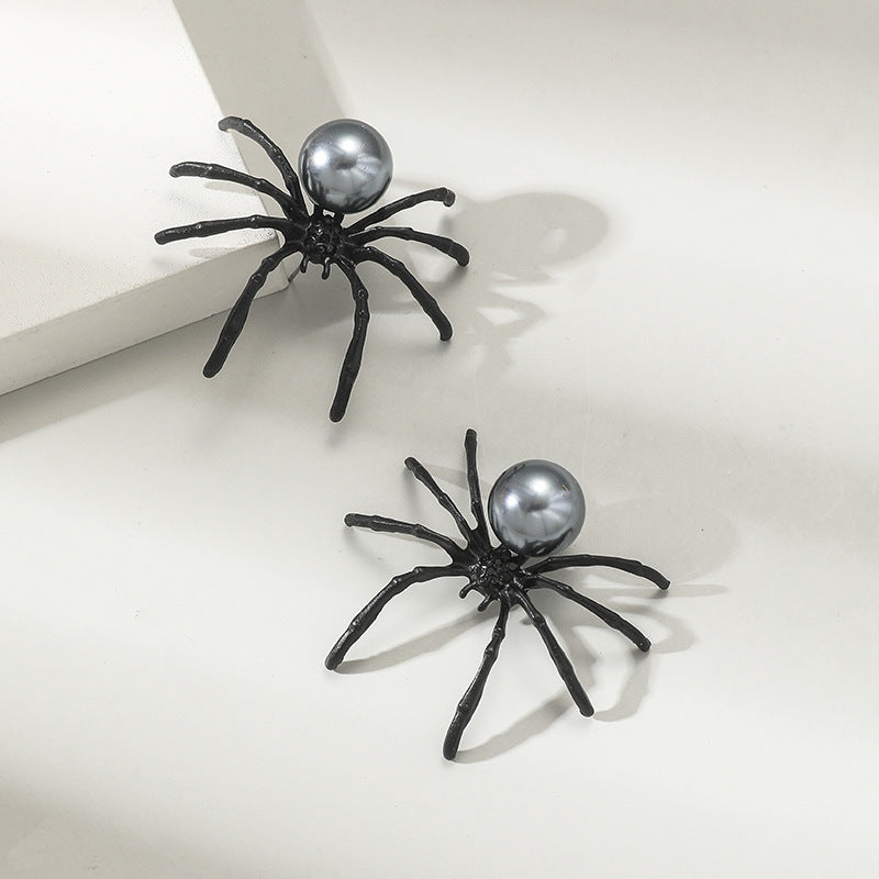 Personalized Simple Wansheng Black Spider Alloy Pearl Earrings