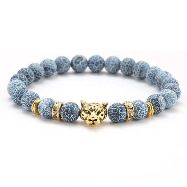 8mm Volcanic Stone Onyx Alloy Leopard Head Beaded Bracelet