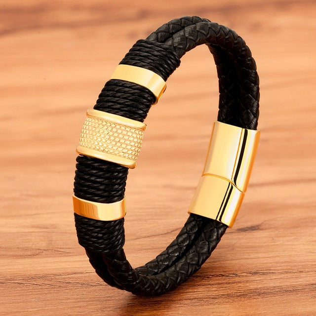 Stainless Steel Cowhide Rope Double Braided Bracelet Men's Metal