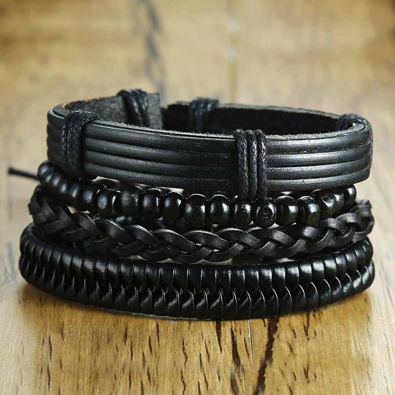 Rudder Wooden Bead Leather Woven Bracelet