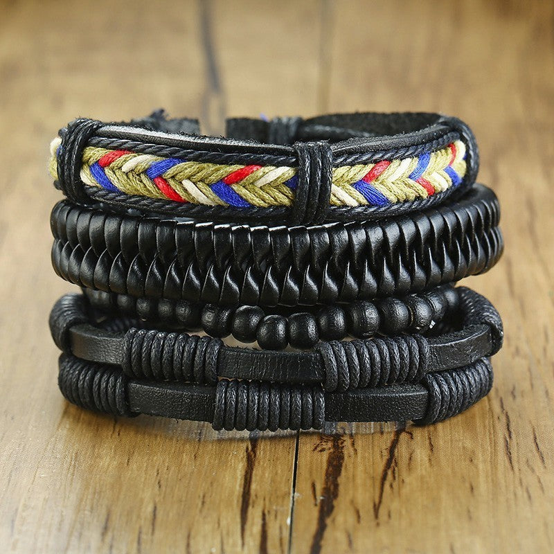 Rudder Wooden Bead Leather Woven Bracelet