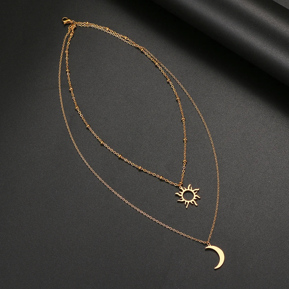 Multi-layer Style Sun Totem Moon Beaded chain Necklace F