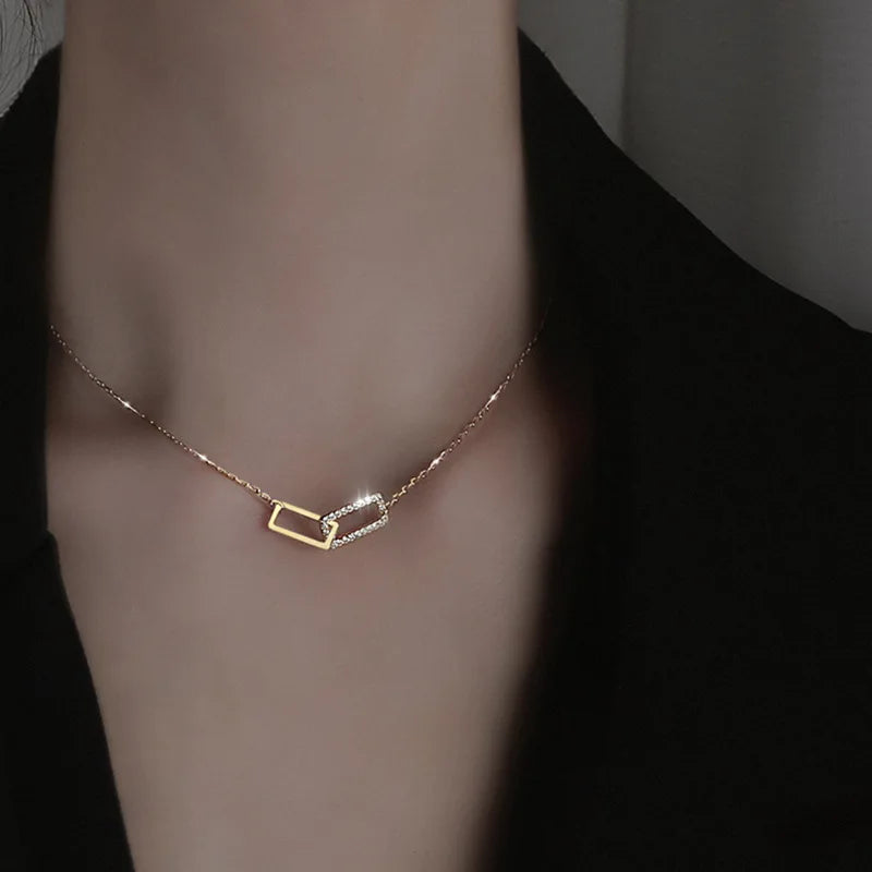 Shiny Rectangle Pendant Set with Cubic Zirconia Necklace