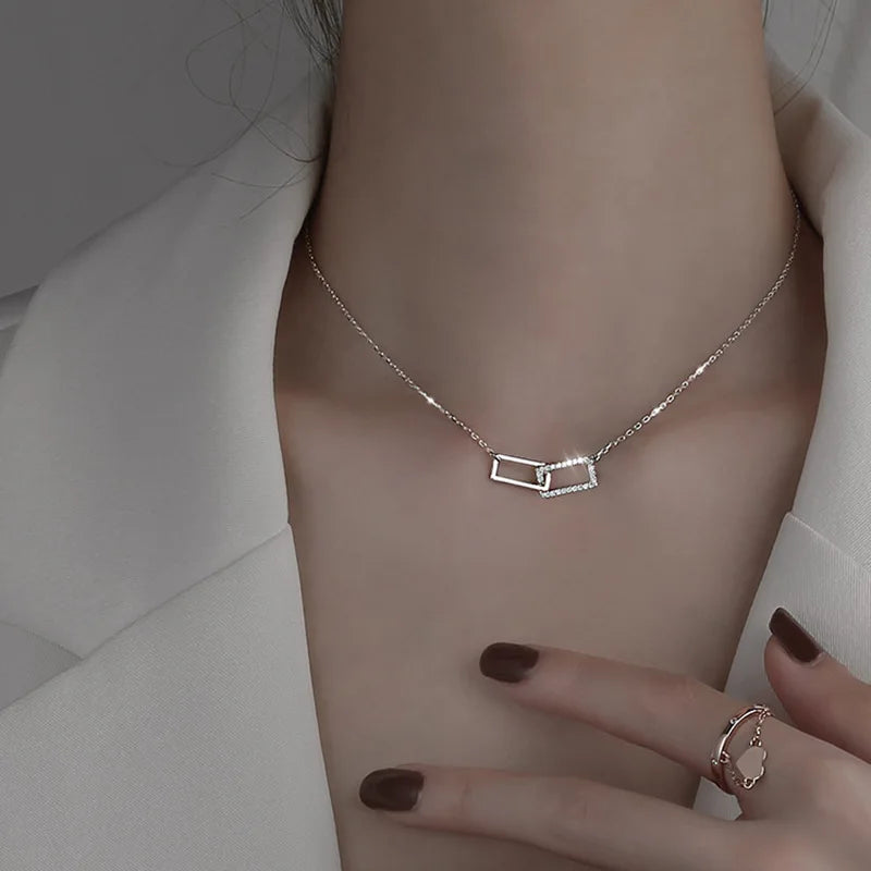 Shiny Rectangle Pendant Set with Cubic Zirconia Necklace