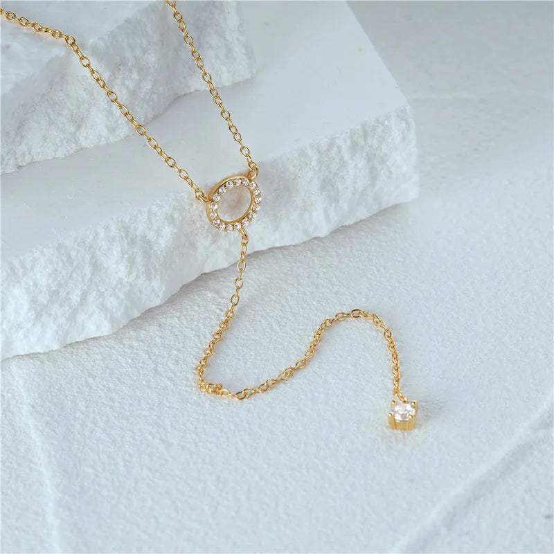 Double-Deck Circle Zircon Pendant Long O-Chain Choker Necklace
