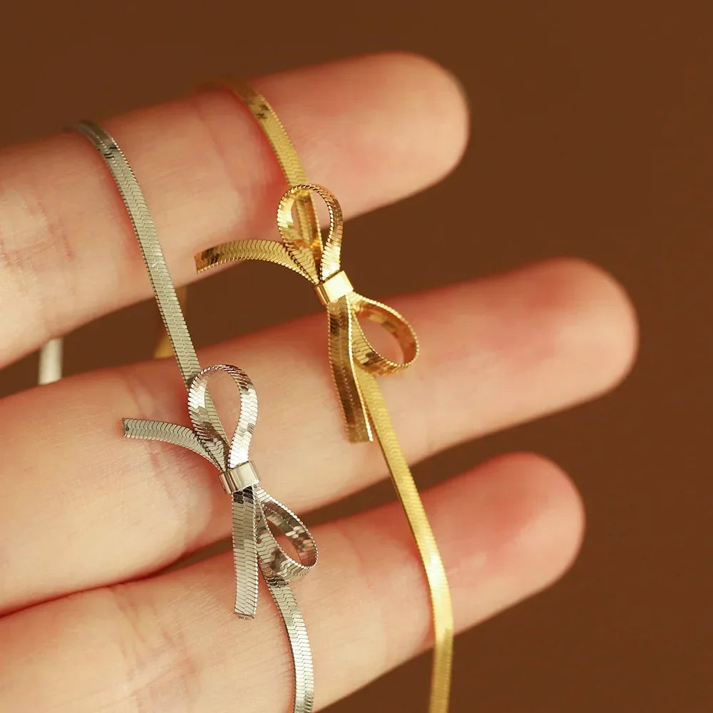 Bowknot Sexy Clavicle Choker Gold Color Flat Snake Chain Bow Necklace