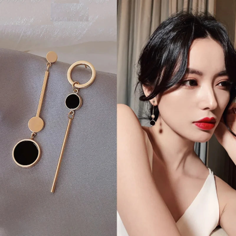 Round Geometric Rectangle Black Crystal Earrings