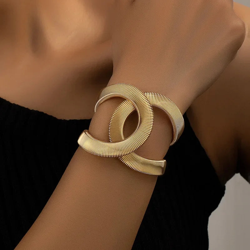 Retro Exaggerated Metal Wide Spring Cuff Bracelet