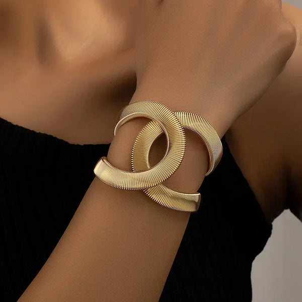 Retro Exaggerated Metal Wide Spring Cuff Bracelet