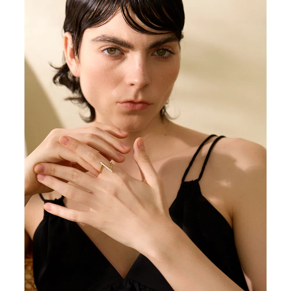 Yhpup Stylish Unique Stainless Steel Geometric Twisted CZ Chic Ring Delicate Shiny Cubic Zirconia Minimalist Daily Charm Jewelry