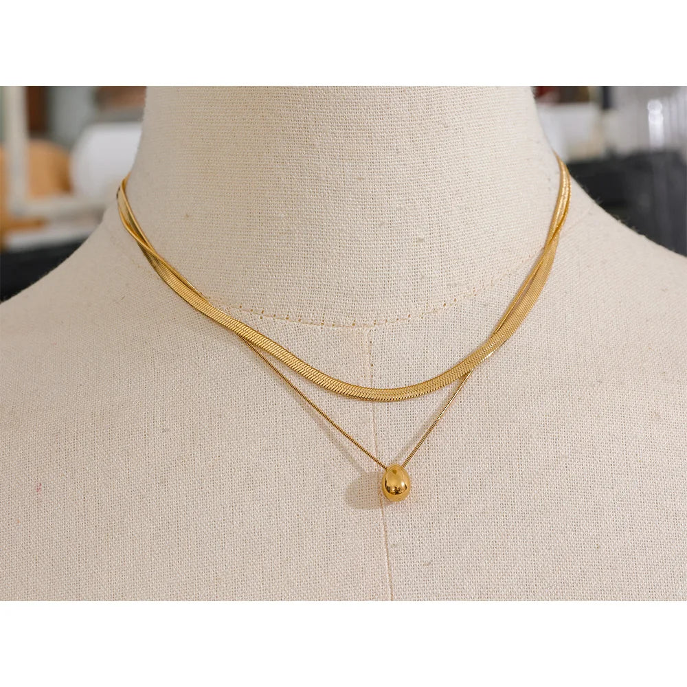 Yhpup Snake Chain Double Layer Stainless Steel Water Drop Pendant Necklace