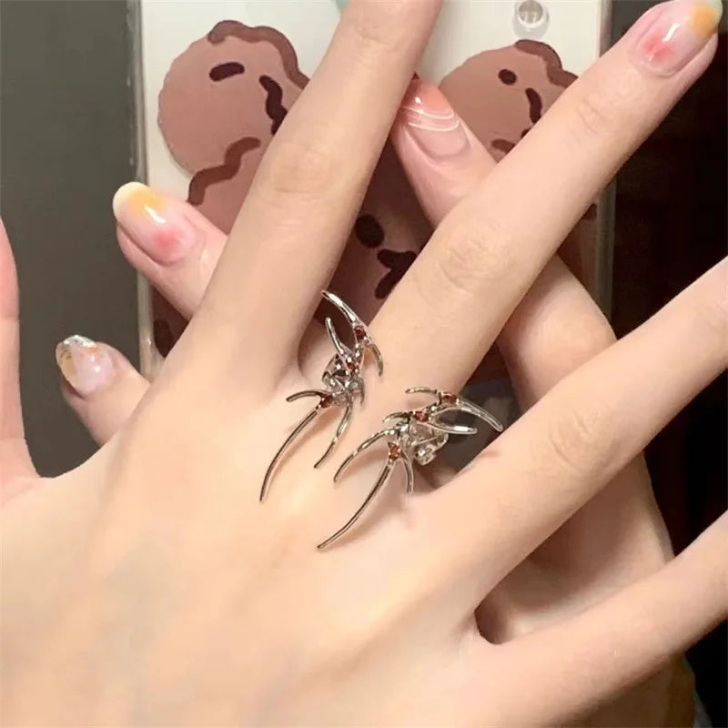 Rock Spider Ring Red Zircon Crystal Liquid Metal Silver Color Open Ring