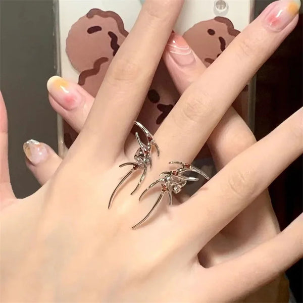 Rock Spider Ring Red Zircon Crystal Liquid Metal Silver Color Open Ring