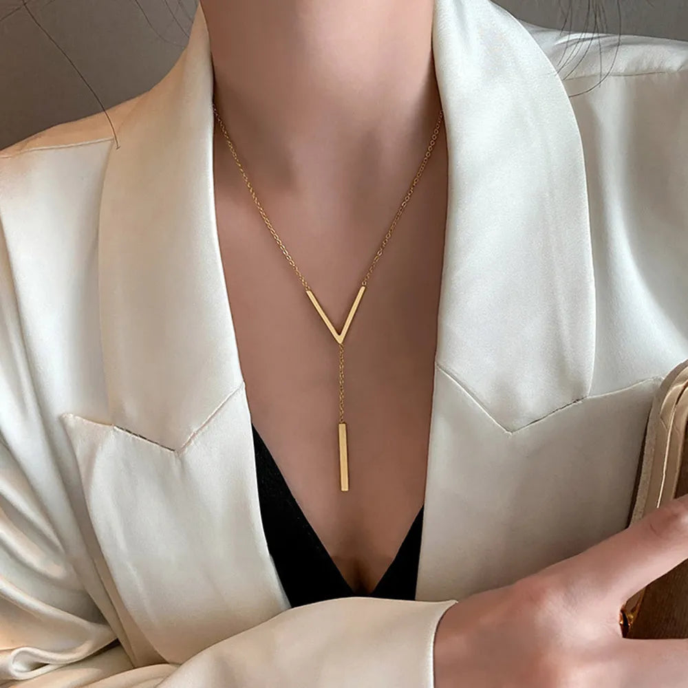 SUMENG New V-shaped Long Sexy Clavicle Gold Colour Chain Necklace Choker