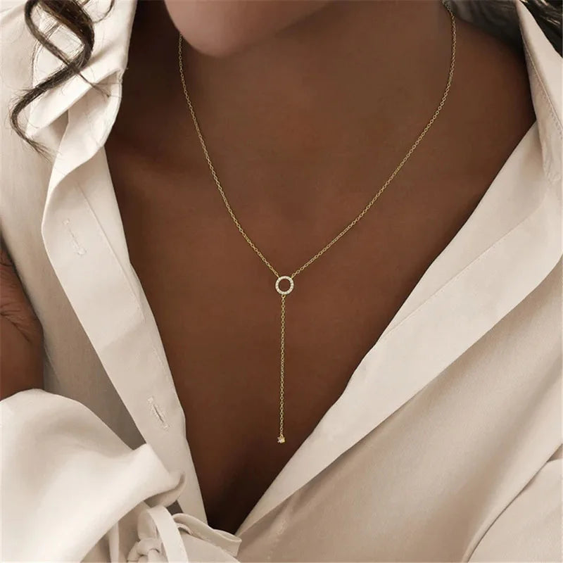 Double-Deck Circle Zircon Pendant Long O-Chain Choker Necklace