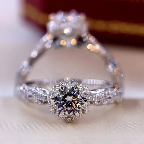 Flower Crystal Wedding Rings