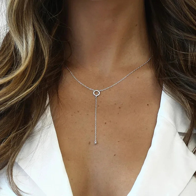 Double-Deck Circle Zircon Pendant Long O-Chain Choker Necklace