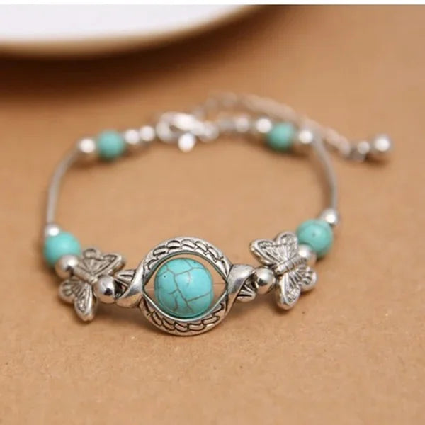 Butterfly Bracelet Carved Pattern Personality Beaded Turquoise Hand Chain