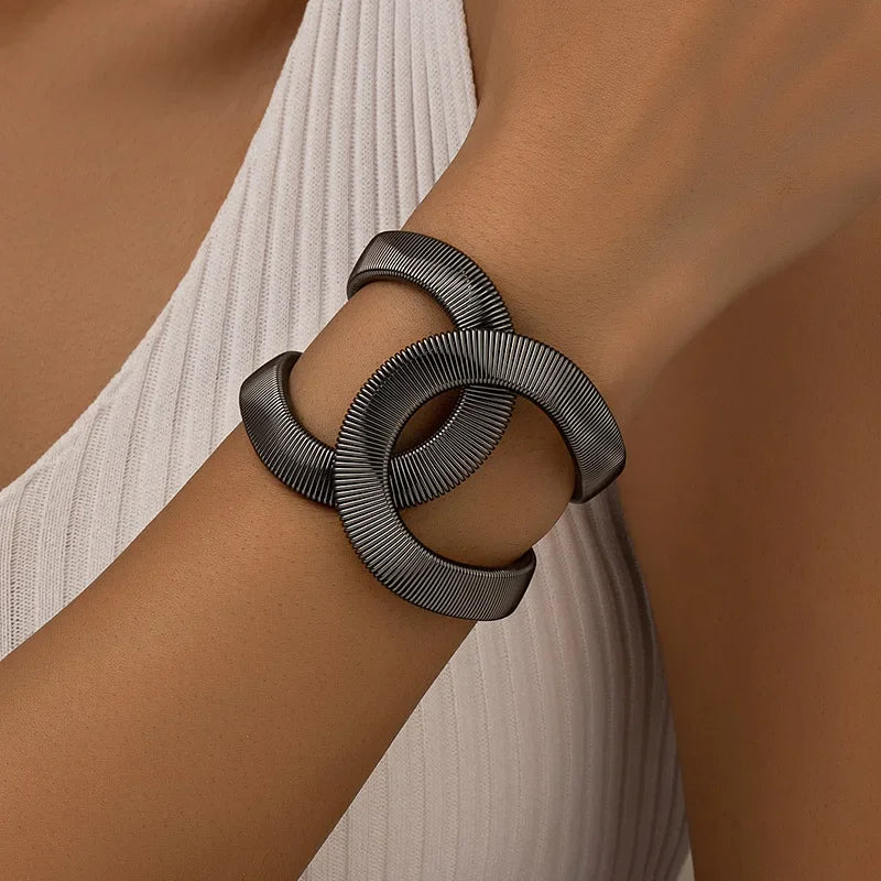 Retro Exaggerated Metal Wide Spring Cuff Bracelet