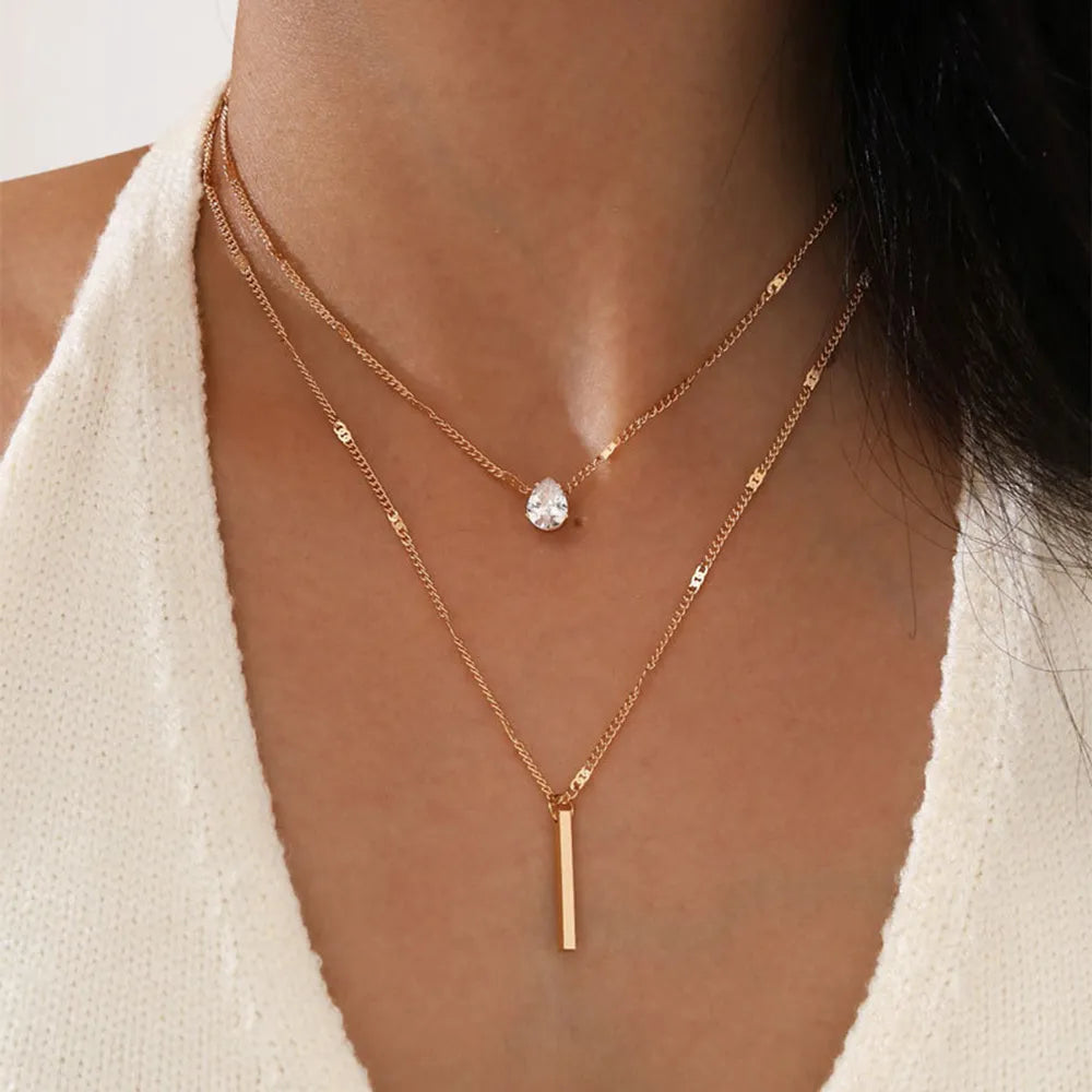 SUMENG Crystal Geometric Charm Multilayered Pendant Necklace Square Rhinestone