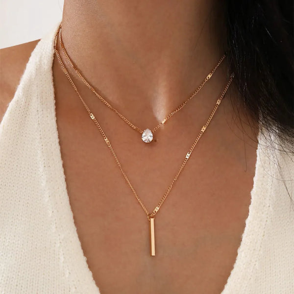SUMENG Crystal Geometric Charm Multilayered Pendant Necklace Square Rhinestone
