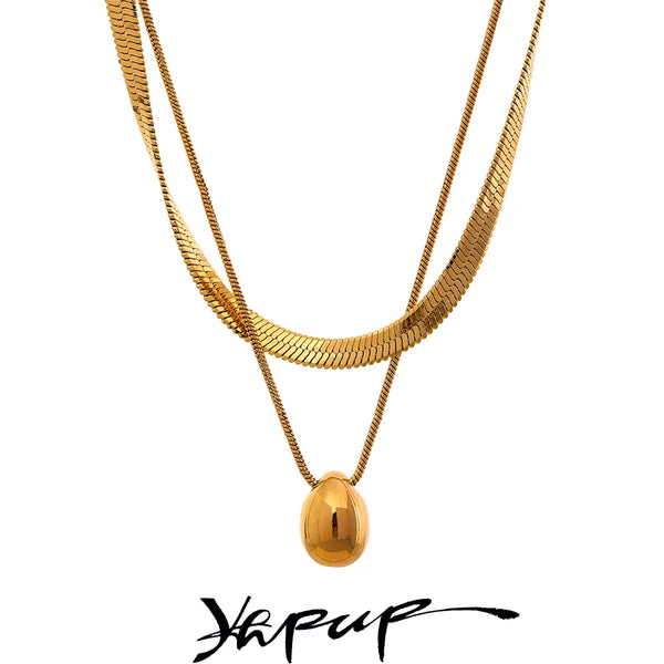 Yhpup Snake Chain Double Layer Stainless Steel Water Drop Pendant Necklace