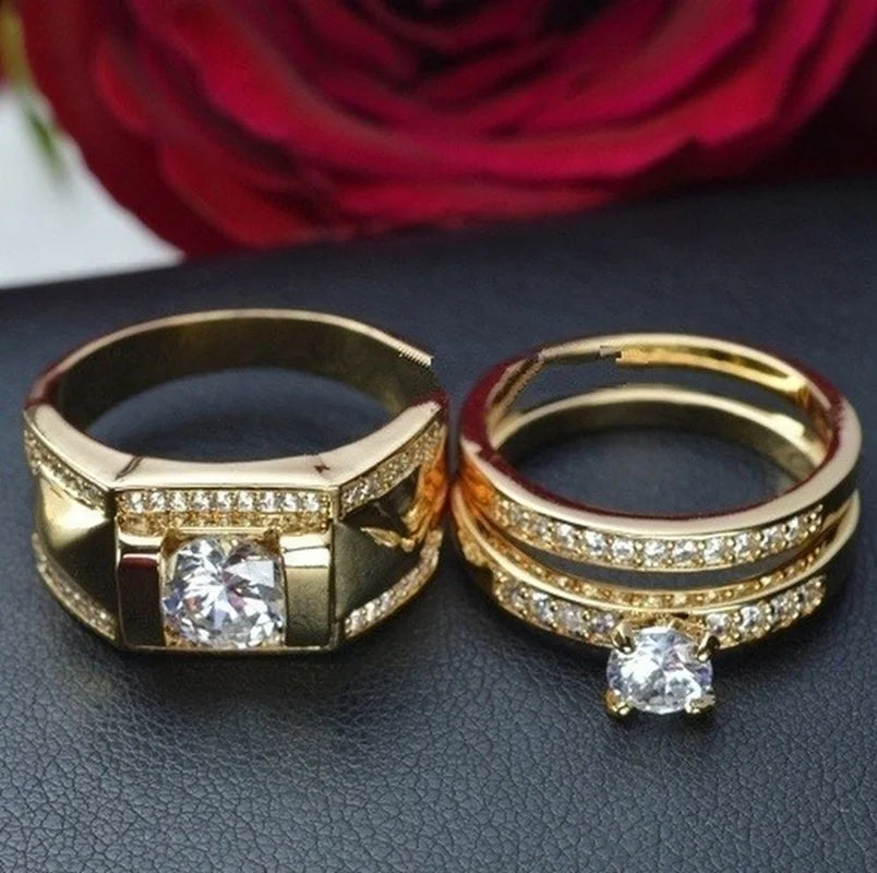 Carving Inlaid Zircon Stones Couple Ring