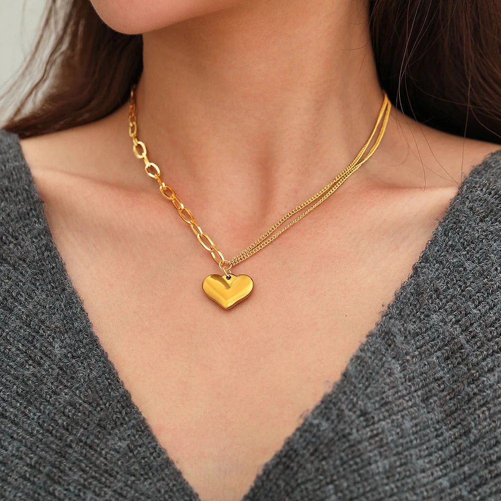 Baroque Style Asymmetric Chain Big Sweet Heart Pendants Charms Choker Kpop Necklace