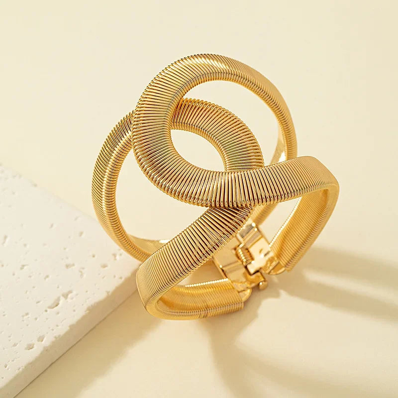 Retro Exaggerated Metal Wide Spring Cuff Bracelet