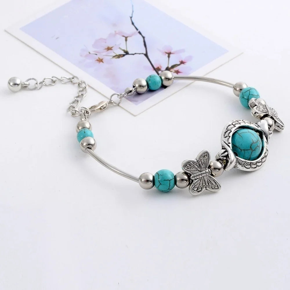 Butterfly Bracelet Carved Pattern Personality Beaded Turquoise Hand Chain