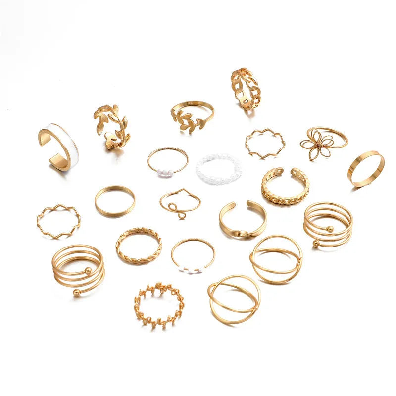 24Pcs Imitation Pearl Leaf Flower Rings Set