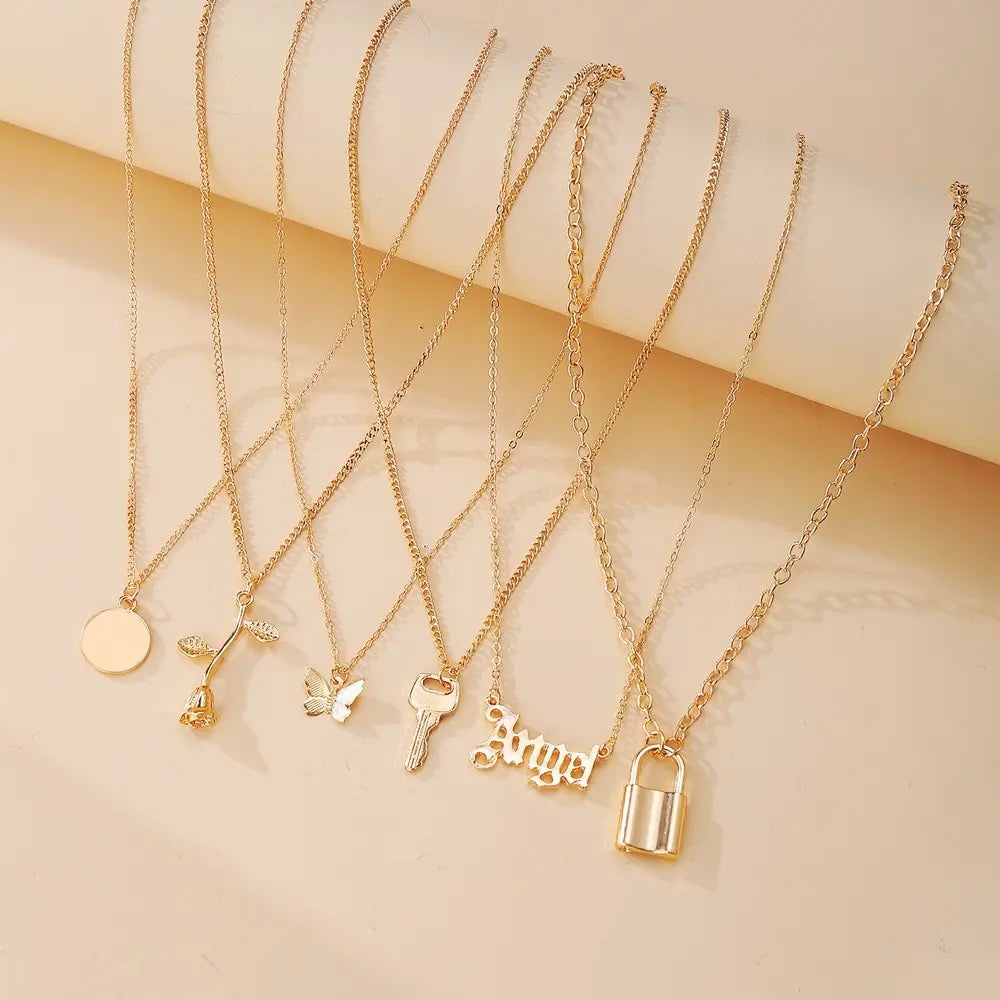 6Pcs Lady Multilayer Necklace Europe And America Retro Simple Creative Simple Lock Rose Pendant Necklace Set